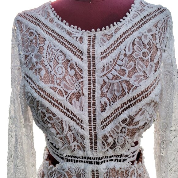 For Love & Lemons Emerie Dress White Lace Long Sleeve Open Back Mini Medium - Picture 3 of 10